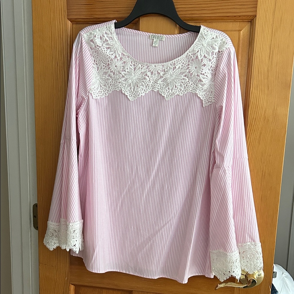 Spense Pink and White Striped Blouse with Lace